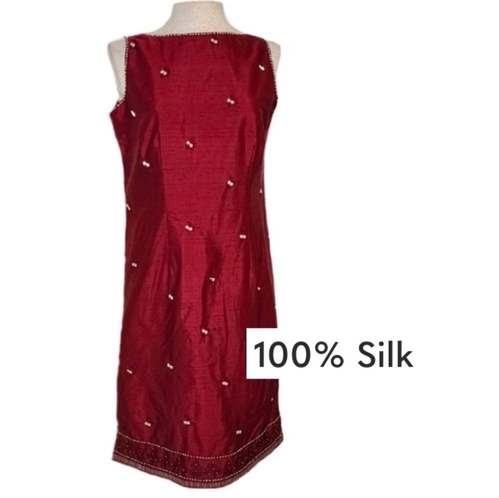 Charter Club Dress 100% Silk Embroidered And Beaded Flowers And Trim Red Size 8 - Picture 11 of 16